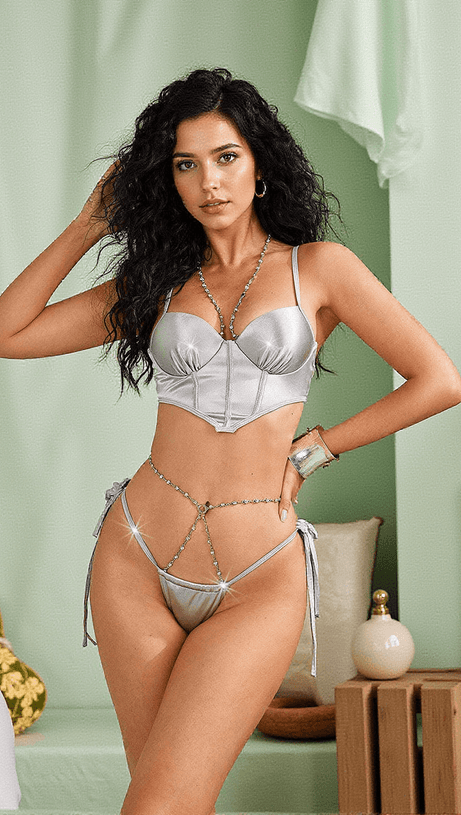 HULDA RHINESTONE SATIN BIKINI THREE PIECE SET