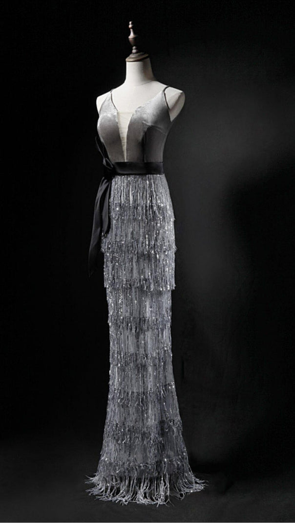 AIIZIE VELVET TASSEL SEXY TIE-DOWN MAXI DRESS IN GREY - product image