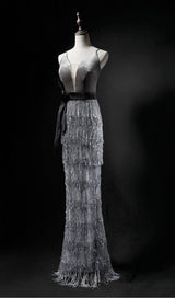 VELVET TASSEL SEXY TIE-DOWN MAXI DRESS IN GREY