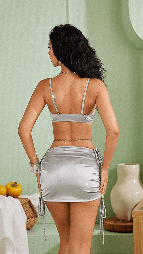 HULDA RHINESTONE SATIN BIKINI THREE PIECE SET