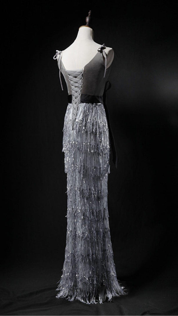 AIIZIE VELVET TASSEL SEXY TIE-DOWN MAXI DRESS IN GREY - product image