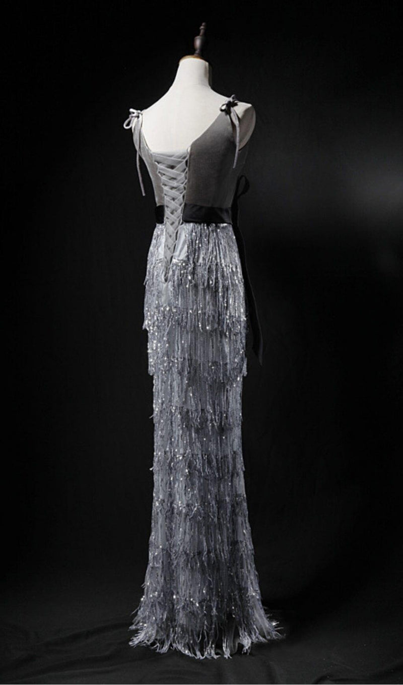 VELVET TASSEL SEXY TIE-DOWN MAXI DRESS IN GREY