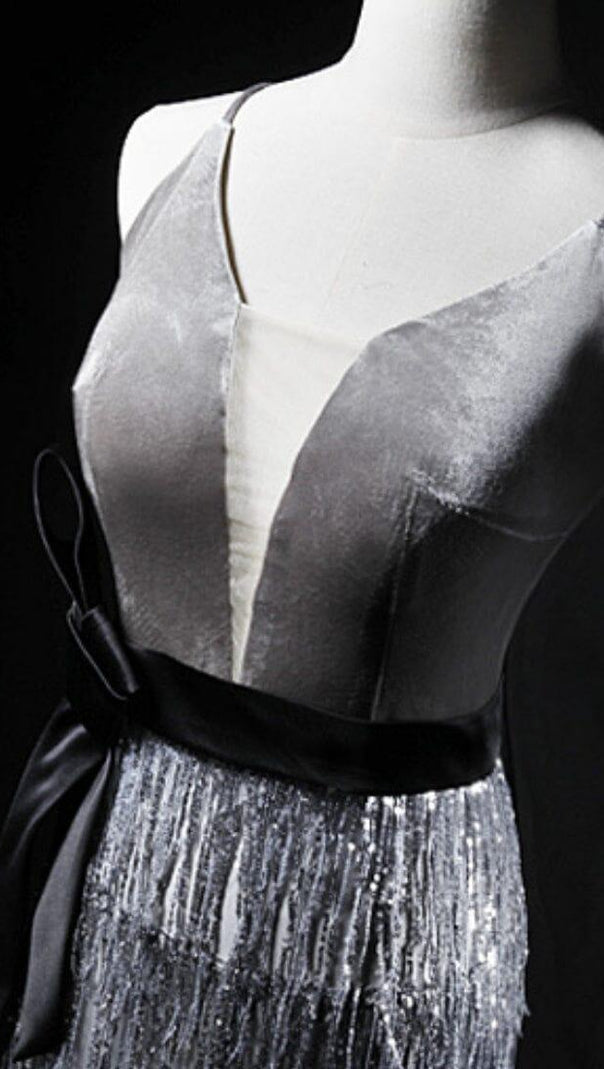 AIIZIE VELVET TASSEL SEXY TIE-DOWN MAXI DRESS IN GREY - product image