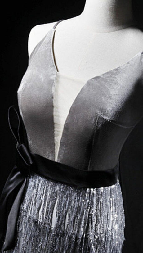 VELVET TASSEL SEXY TIE-DOWN MAXI DRESS IN GREY