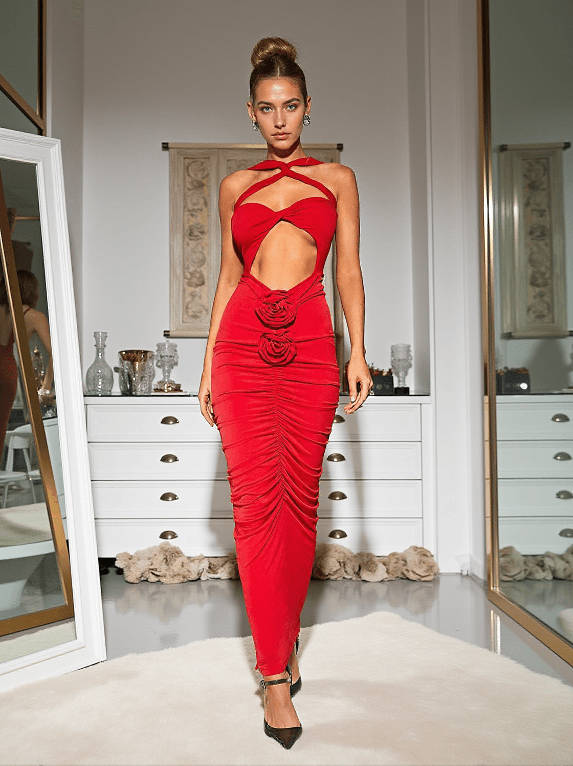 POMELINE ROSE BODYCON MAXI DRESS IN RED