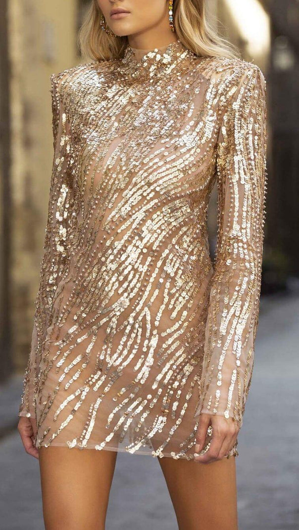 AIIZIE POLYESTER FASHION MODERN SEQUINS BACKLESS MINI DRESS IN GOLD - product image