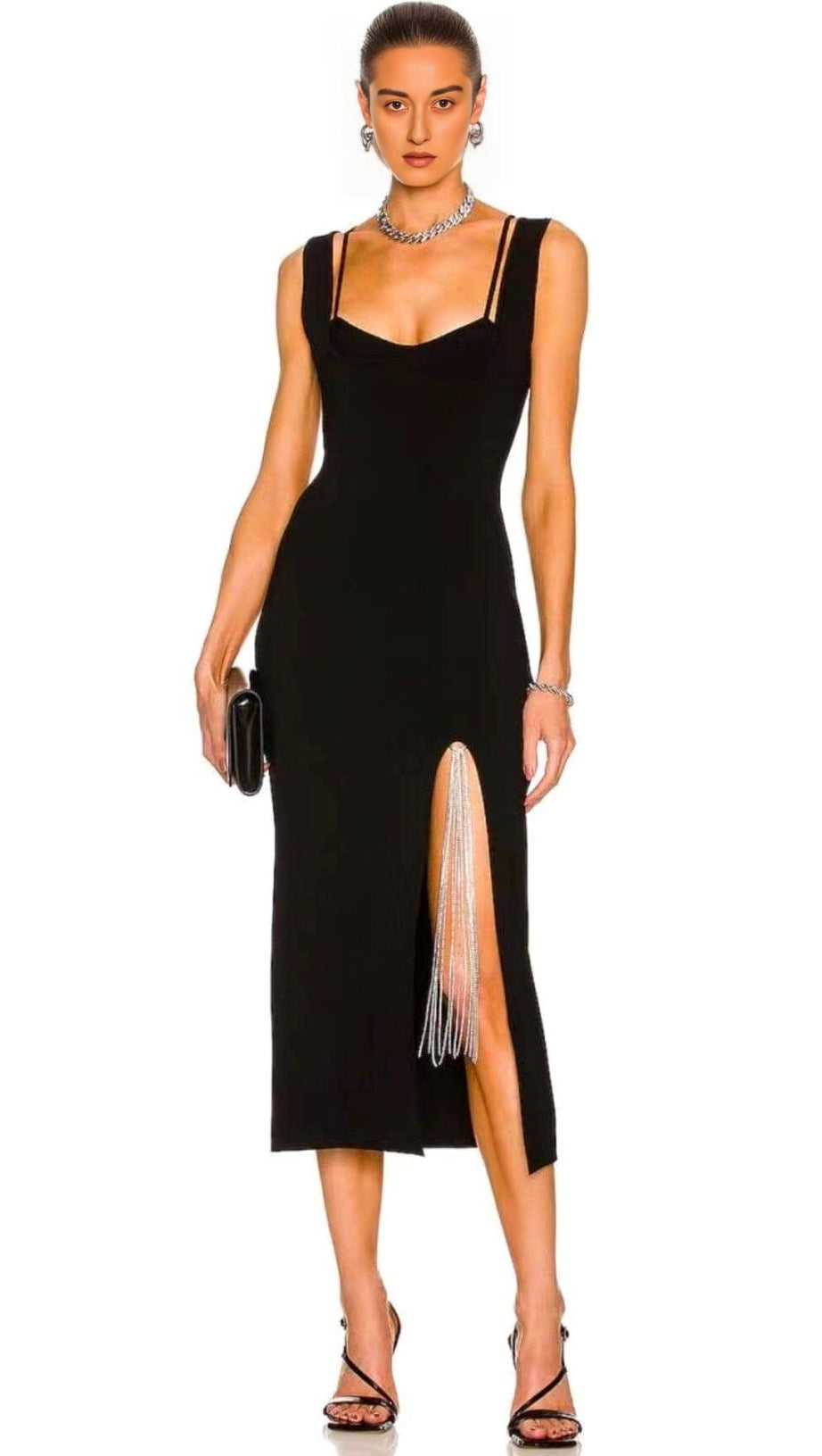 BLACK SLEEVELESS FAKE TWO-PIECE STRETCH BAG BUTTOCKS MIDI DRESS