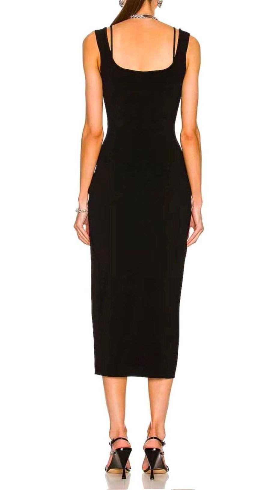 BLACK SLEEVELESS FAKE TWO-PIECE STRETCH BAG BUTTOCKS MIDI DRESS