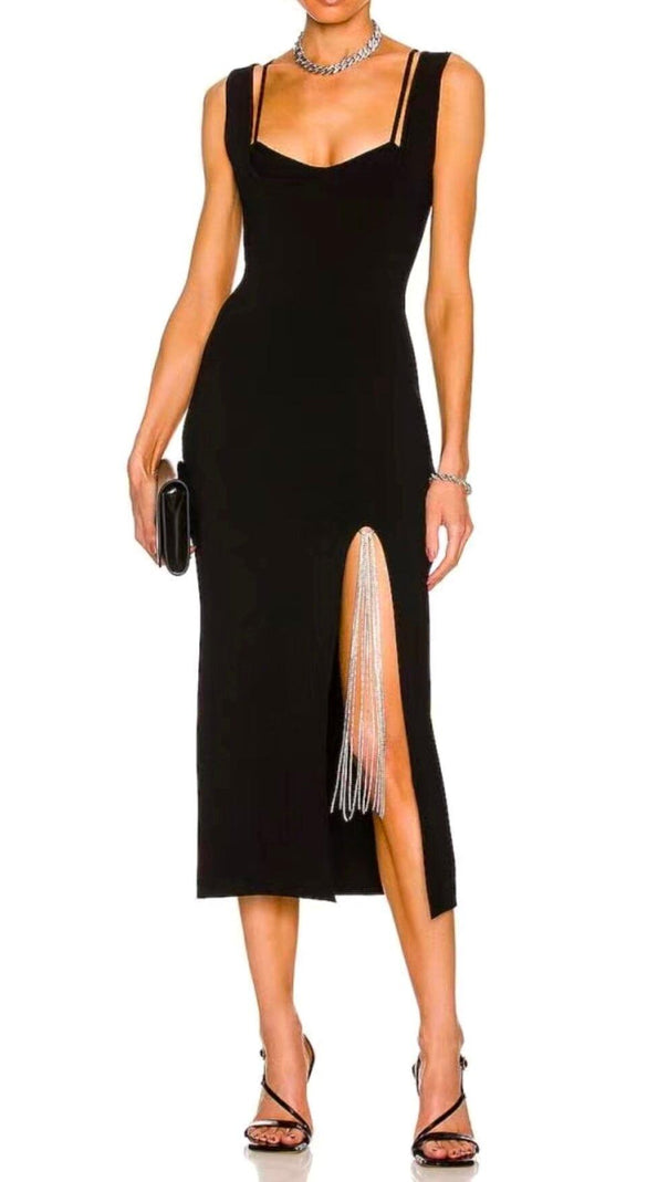AIIZIE BLACK SLEEVELESS FAKE TWO-PIECE STRETCH BAG BUTTOCKS MIDI DRESS - product image