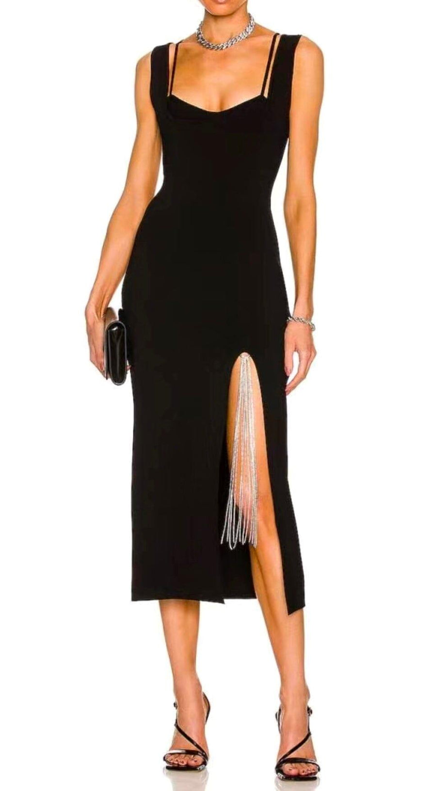 BLACK SLEEVELESS FAKE TWO-PIECE STRETCH BAG BUTTOCKS MIDI DRESS