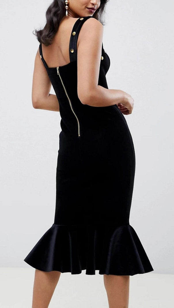 AIIZIE FISHTAIL HEM VELVET SUSPENDER MIDI DRESS IN BLACK - product image