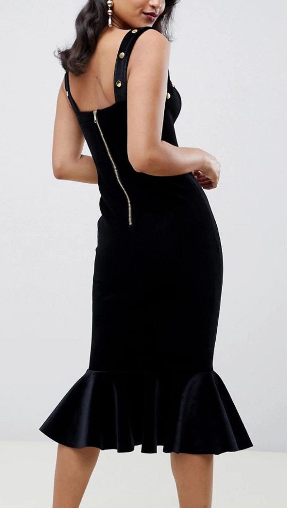 FISHTAIL HEM VELVET SUSPENDER MIDI DRESS IN BLACK