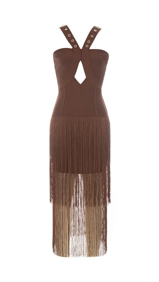 AIIZIE BROWN SLEEVELESS CHEST HOLLOW FRINGE HEM SKINNY MAXI DRESS - product image