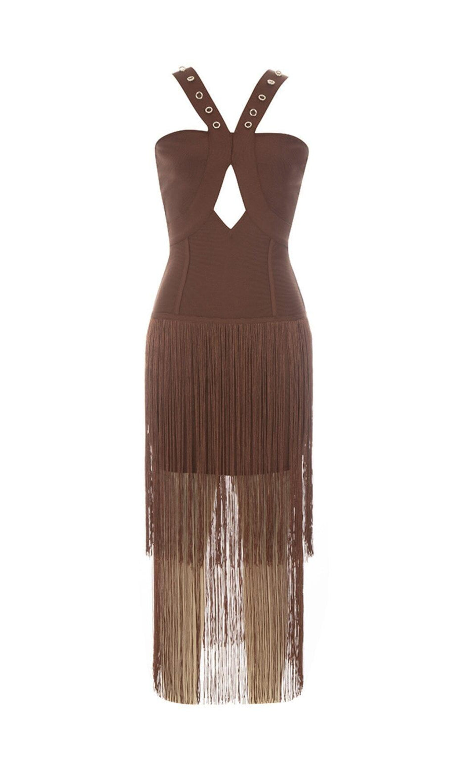 ABITO LUNGO SKINNY MARRONE SENZA MANICHE CON FRANGE CAVATE SUL PETTO