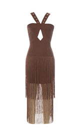 BROWN SLEEVELESS CHEST HOLLOW FRINGE HEM SKINNY MAXI DRESS