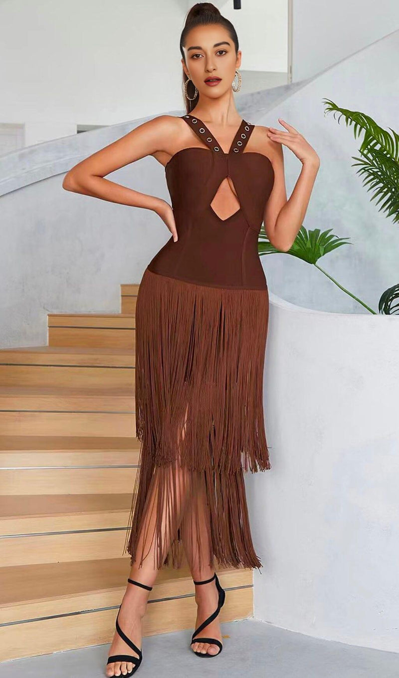 BROWN SLEEVELESS CHEST HOLLOW FRINGE HEM SKINNY MAXI DRESS