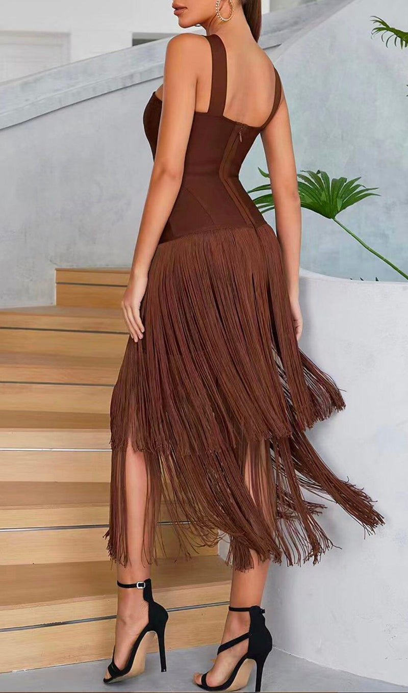 BROWN SLEEVELESS CHEST HOLLOW FRINGE HEM SKINNY MAXI DRESS