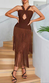 BROWN SLEEVELESS CHEST HOLLOW FRINGE HEM SKINNY MAXI DRESS