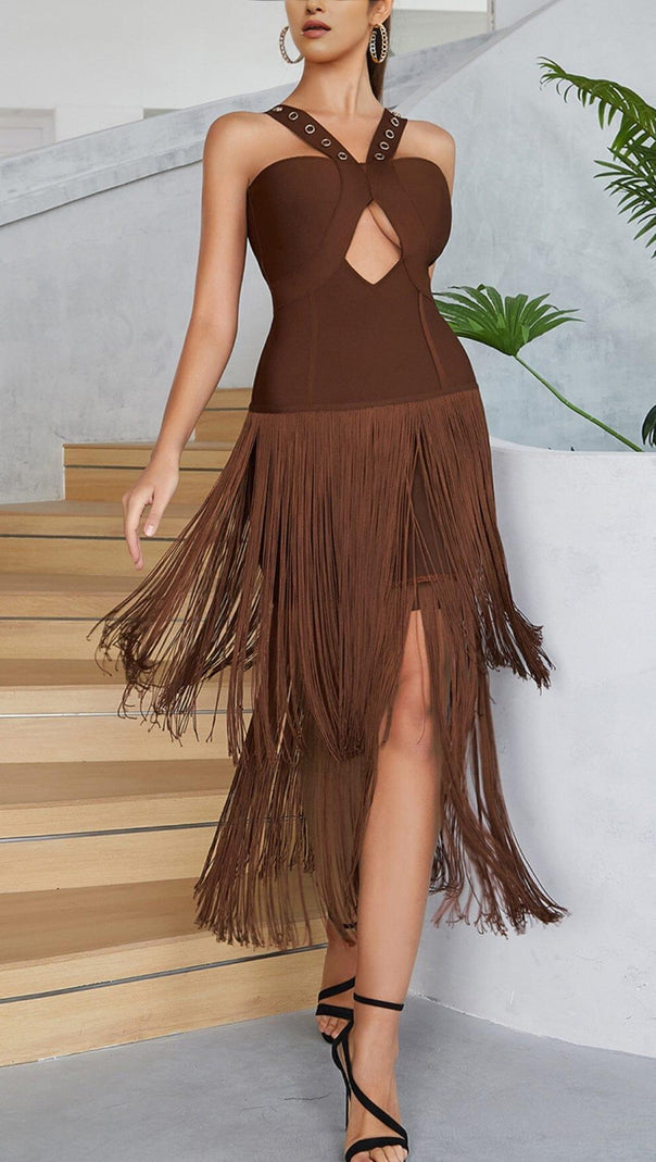 AIIZIE BROWN SLEEVELESS CHEST HOLLOW FRINGE HEM SKINNY MAXI DRESS - product image