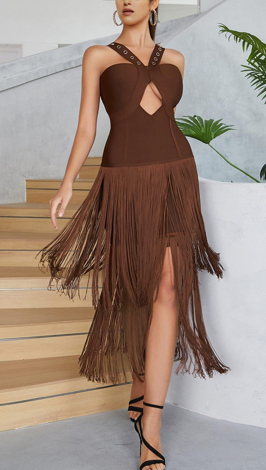 BROWN SLEEVELESS CHEST HOLLOW FRINGE HEM SKINNY MAXI DRESS