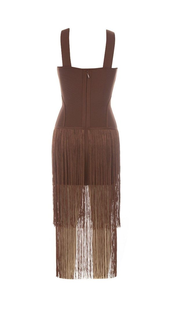 AIIZIE BROWN SLEEVELESS CHEST HOLLOW FRINGE HEM SKINNY MAXI DRESS - product image
