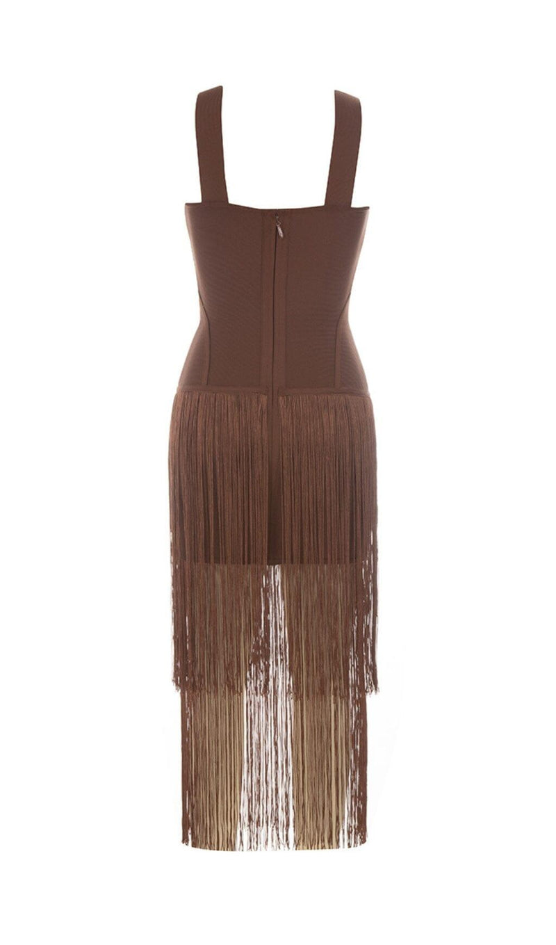 BROWN SLEEVELESS CHEST HOLLOW FRINGE HEM SKINNY MAXI DRESS