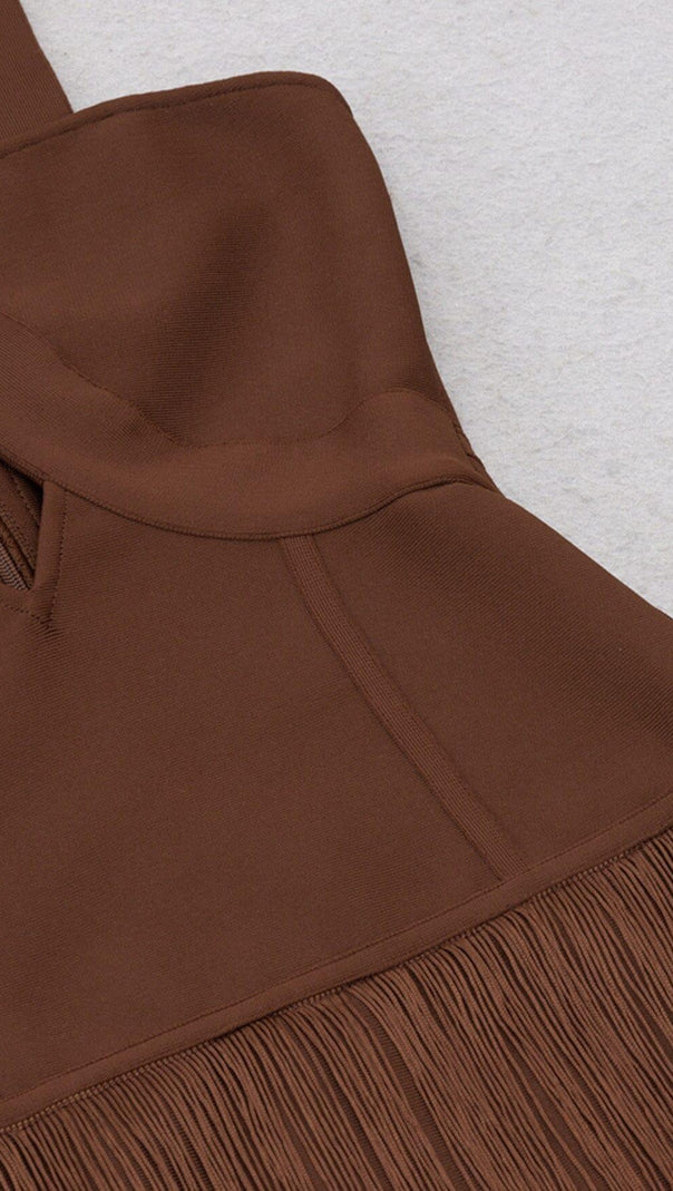 AIIZIE BROWN SLEEVELESS CHEST HOLLOW FRINGE HEM SKINNY MAXI DRESS - product image