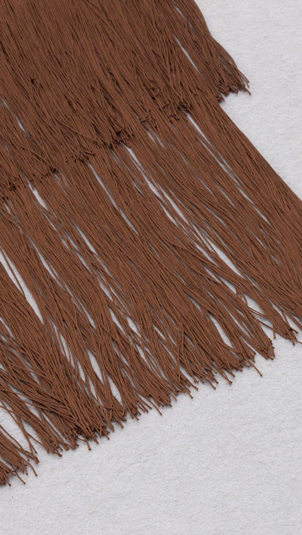 AIIZIE BROWN SLEEVELESS CHEST HOLLOW FRINGE HEM SKINNY MAXI DRESS - product image