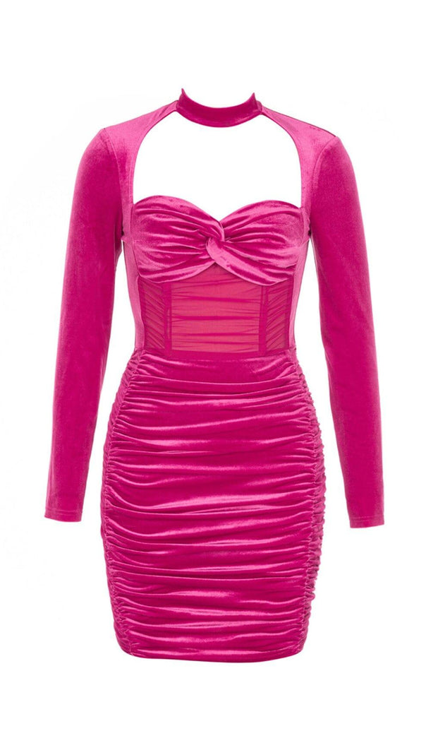 AIIZIE HANGING NECK MESH STITCHED VELVET MINI DRESS IN BARBIE PINK - product image