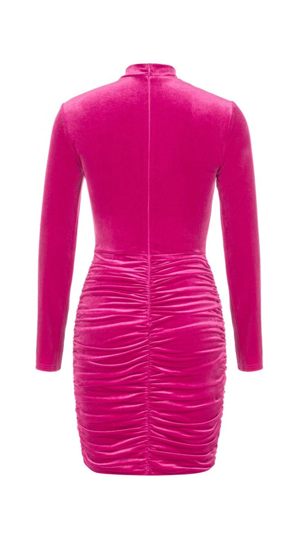 AIIZIE HANGING NECK MESH STITCHED VELVET MINI DRESS IN BARBIE PINK - product image