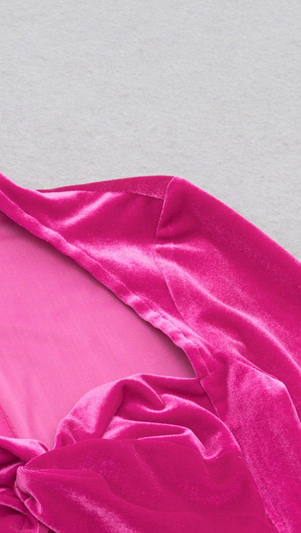 AIIZIE HANGING NECK MESH STITCHED VELVET MINI DRESS IN BARBIE PINK - product image