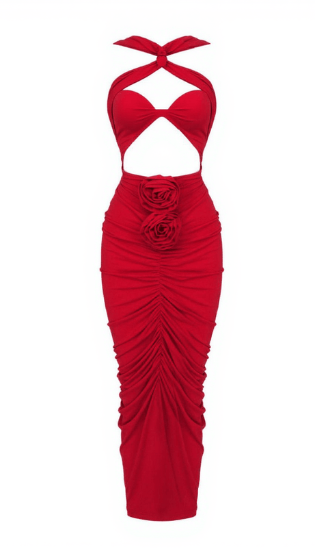 POMELINE ROSE BODYCON MAXI DRESS IN RED