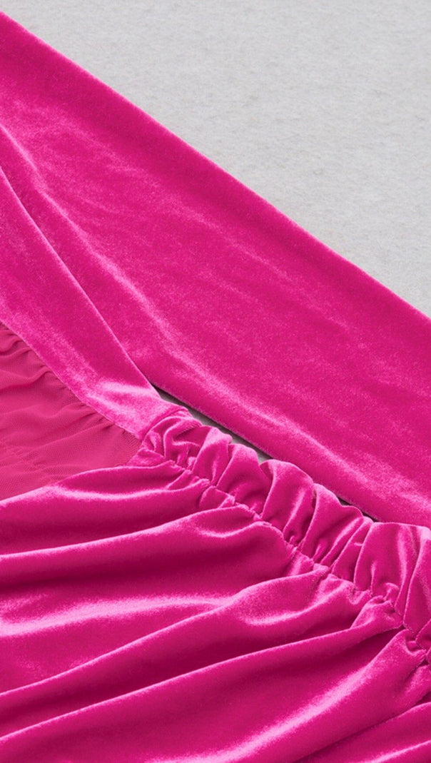 AIIZIE HANGING NECK MESH STITCHED VELVET MINI DRESS IN BARBIE PINK - product image