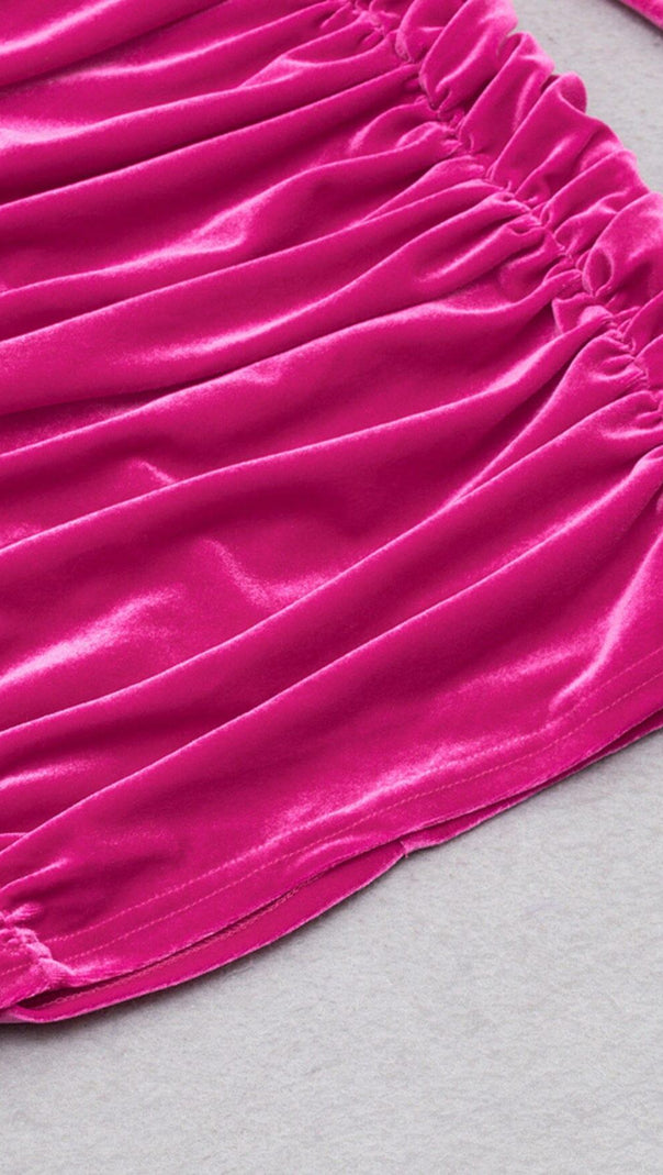 AIIZIE HANGING NECK MESH STITCHED VELVET MINI DRESS IN BARBIE PINK - product image