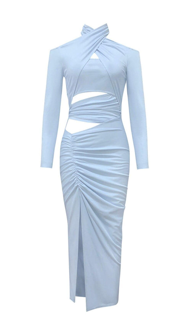 AIIZIE HALTER OFF SHOULDER WAIST HOLLOW MIDI DRESS IN SKY BLUE - product image