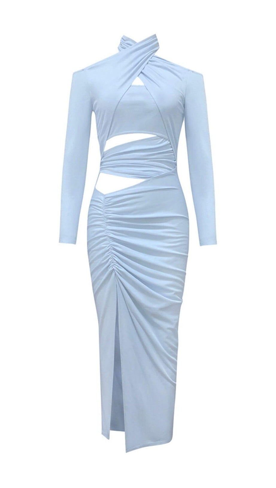 ABITO MIDI CON SCOLLO A V E SPALLE SCOPERTE IN CELESTE