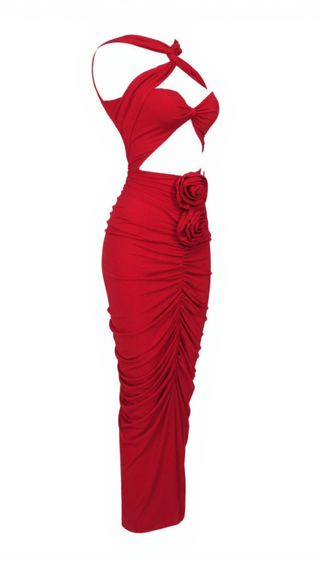 POMELINE ROSE BODYCON MAXI DRESS IN RED