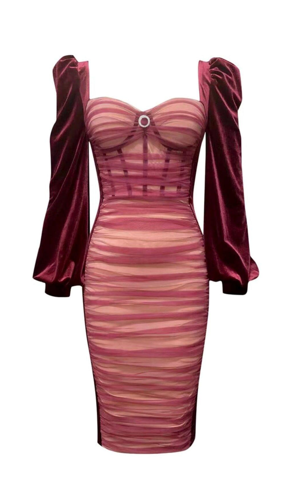 SQUARE-NECK PUFF SLEEVE MESH PLEATED STITCHED VELVET WAIST MIDI DRESS