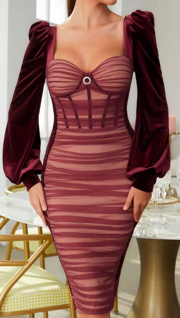 AIIZIE SQUARE-NECK PUFF SLEEVE MESH PLEATED STITCHED VELVET WAIST MIDI DRESS - product image