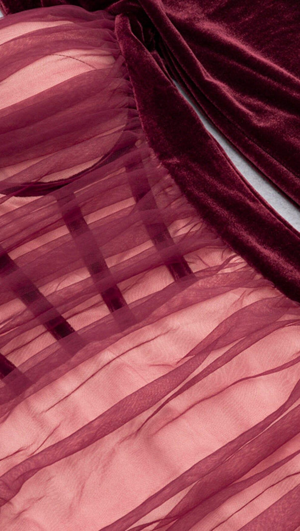 AIIZIE SQUARE-NECK PUFF SLEEVE MESH PLEATED STITCHED VELVET WAIST MIDI DRESS - product image