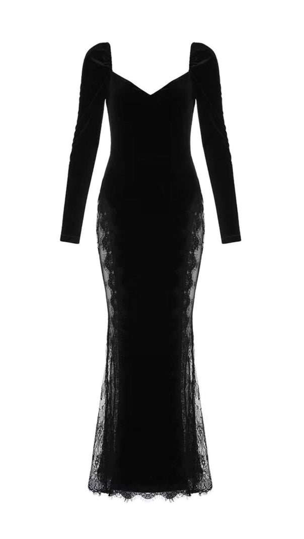 AIIZIE BURGUNDY SQUARE-NECK LACE STITCHED BAG BUTTOCK VELVET MAXI DRESS - product image