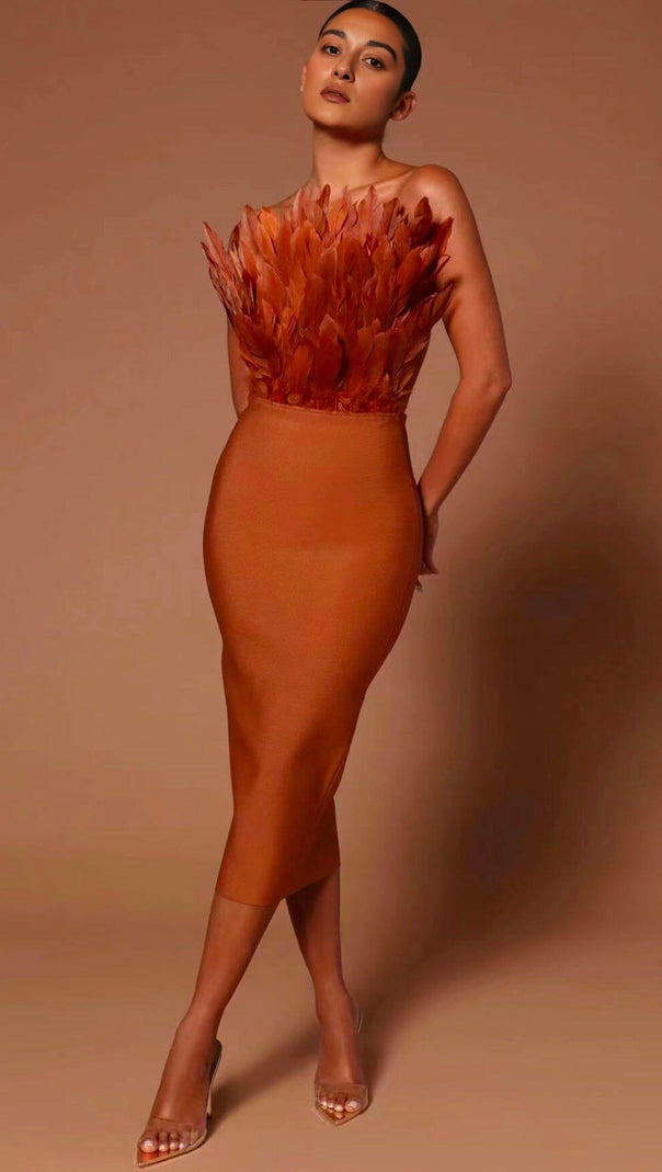 AIIZIE SLEEVELESS BACKLESS FEATHER-DECORATED SLIM MIDI DRESS IN BROWN - product image
