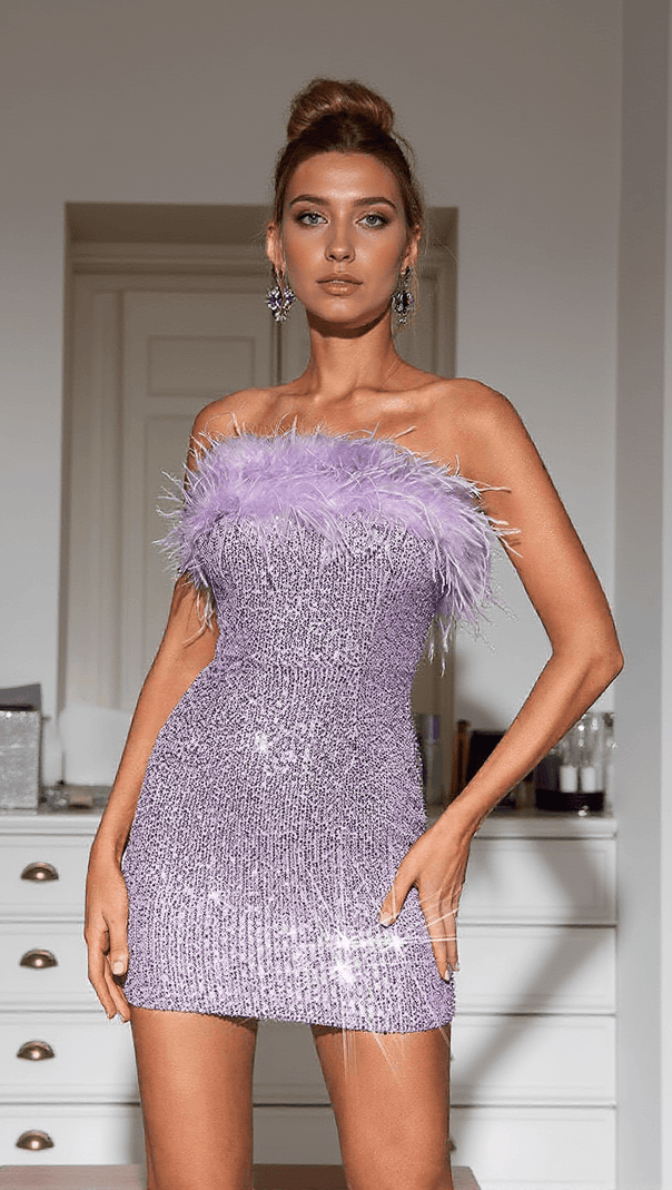 AIIZIE MARIN STRAPLESS FEATHER SEQUIN MINI DRESS IN VIOLET - product image