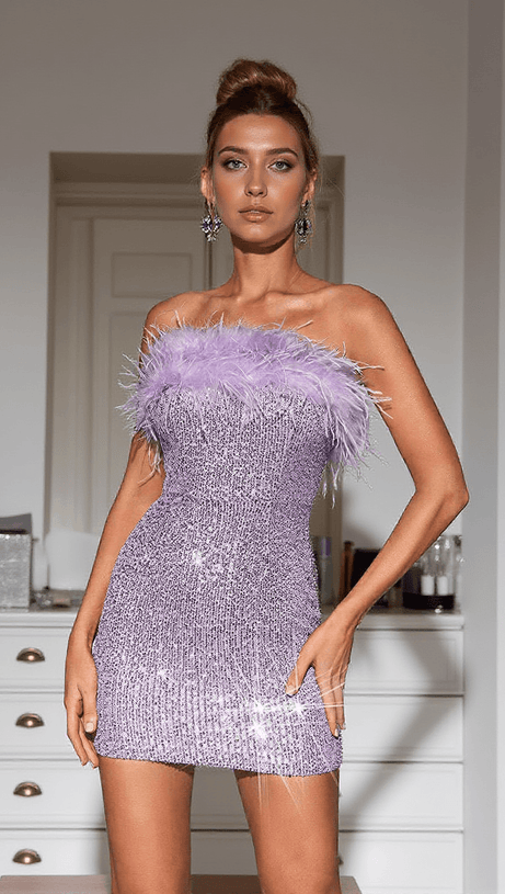 MARIN STRAPLESS FEATHER SEQUIN MINI DRESS IN VIOLET