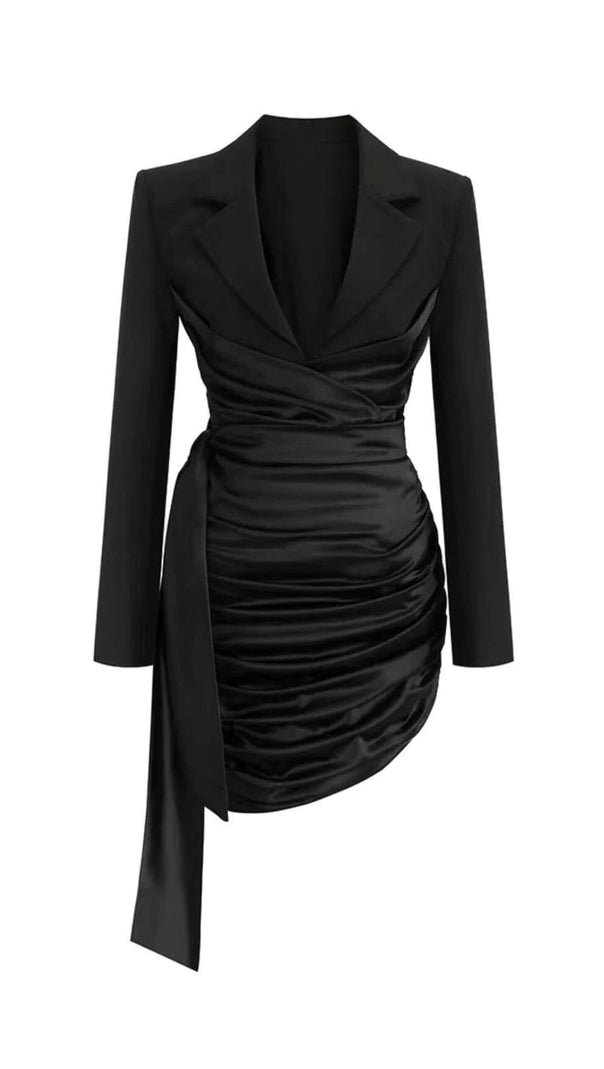 AIIZIE FAKE TWO-PIECE SATIN STITCHED SUIT COLLAR MIDI DRESS - product image