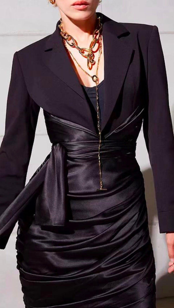 AIIZIE FAKE TWO-PIECE SATIN STITCHED SUIT COLLAR MIDI DRESS - product image
