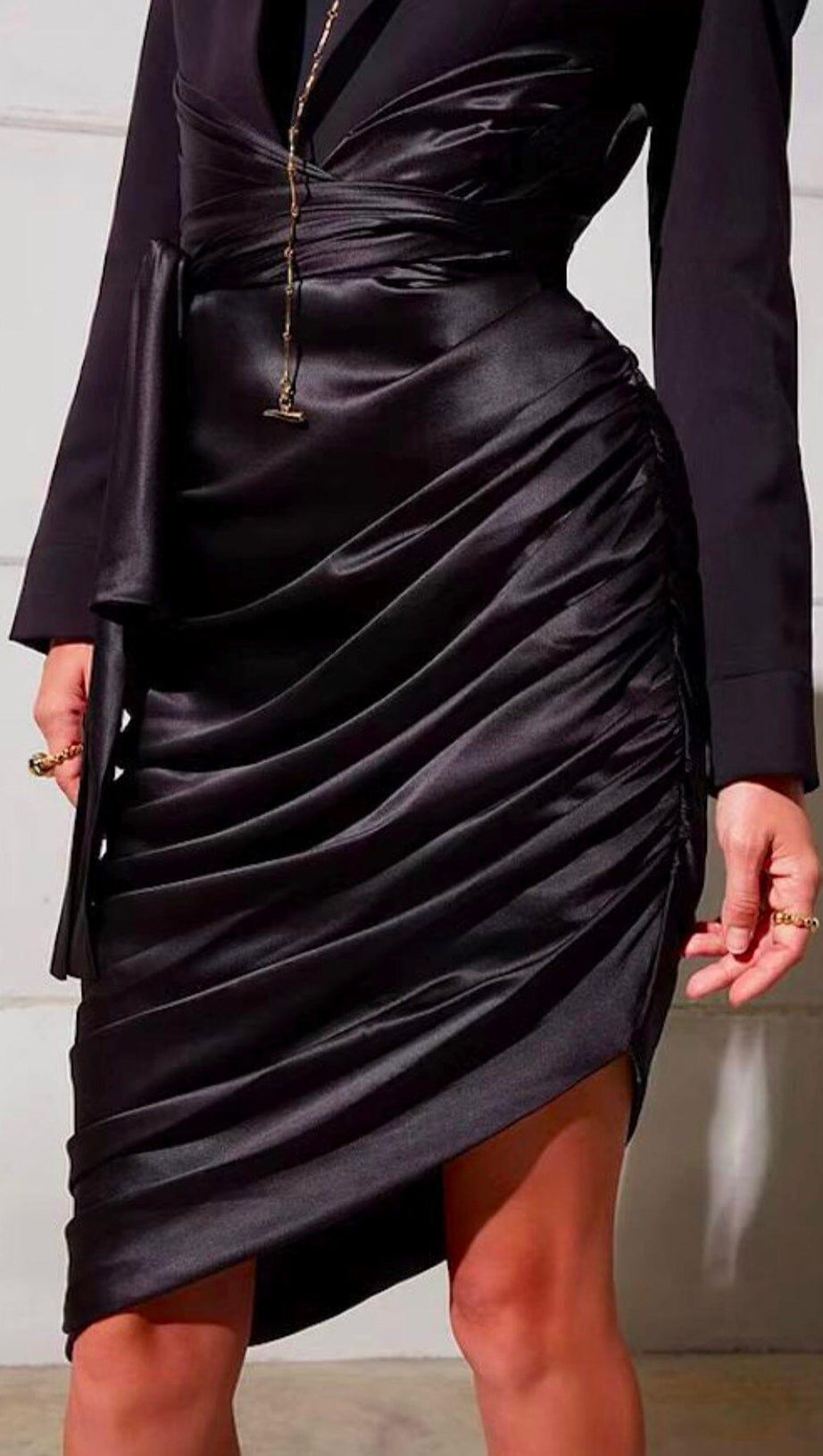 FAKE TWO-PIECE SATIN STITCHED SUIT COLLAR MIDI DRESS