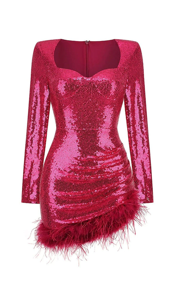 SEQUIN FEATHER MINI DRESS IN PINK