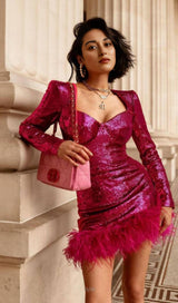 SEQUIN FEATHER MINI DRESS IN PINK