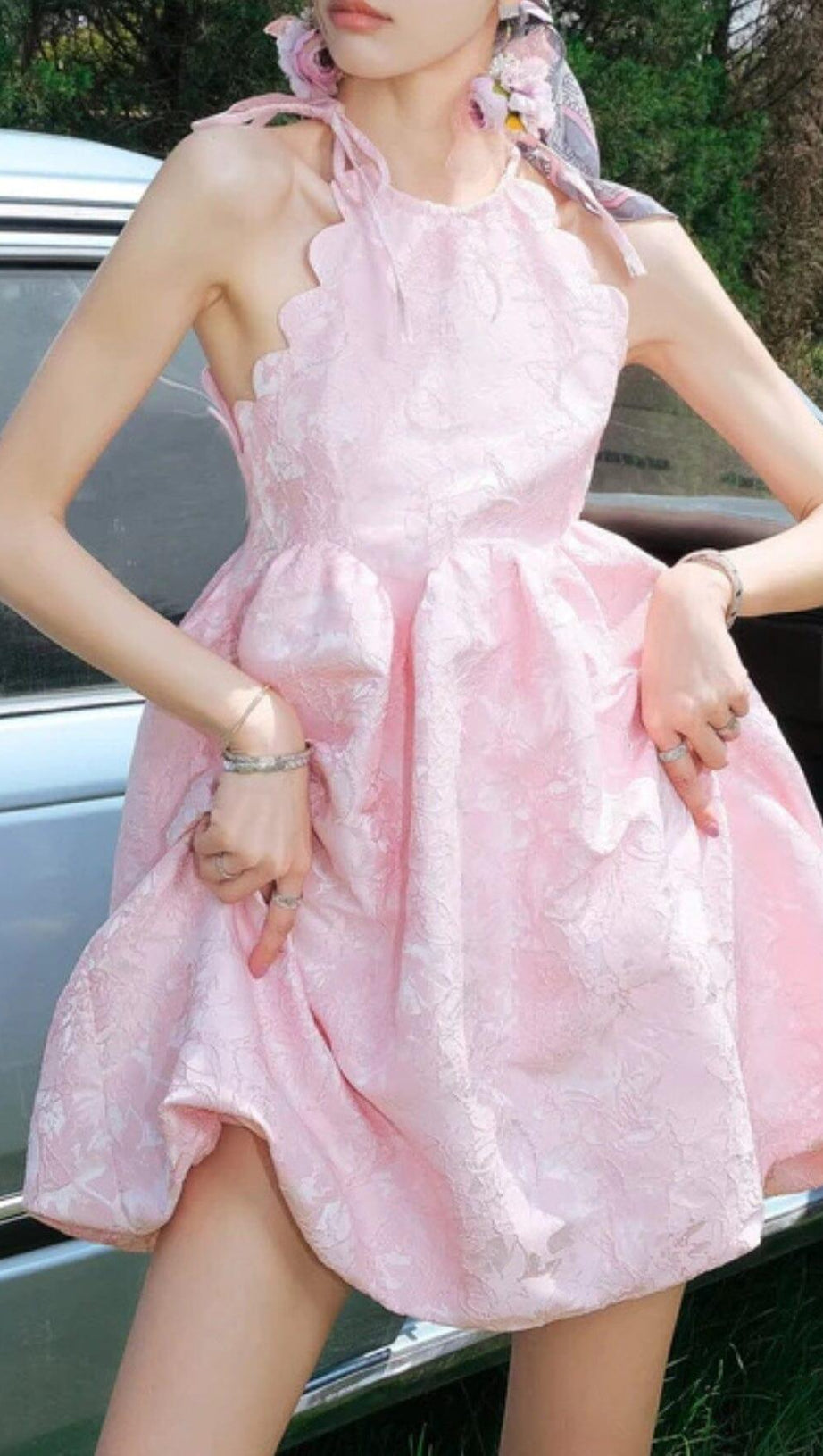 PINK BEADED JACQUARD SLEEVELESS MINI DRESS